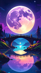 Colorful night landscape with bridge and moon