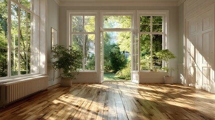 Fototapeta premium Bright, airy, and empty room features light wood floors and a large three-panel window that looks out onto a lush, sun-dappled green garden.