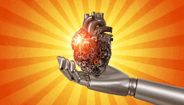Mechanical heart made of gears held in a robotic hand, glowing with radiant orange and yellow beams—evoking synthetic life, emotional intelligence, and the fusion of tech and humanity.