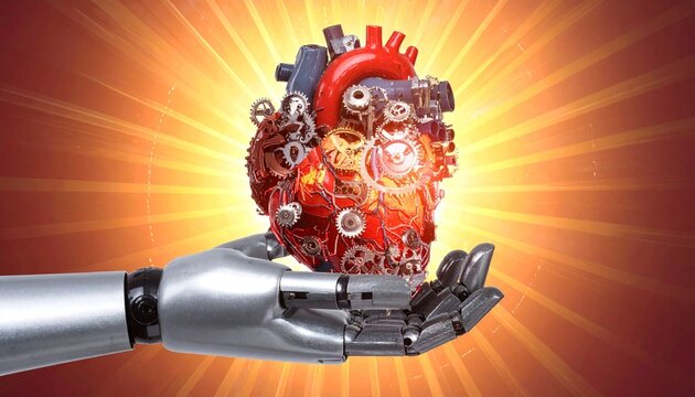 Mechanical heart made of gears held in a robotic hand, glowing with radiant orange and yellow beams—evoking synthetic life, emotional intelligence, and the fusion of tech and humanity.