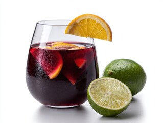 Refreshing glass of dark red fruit juice with orange wedge and fresh lime on white background, healthy drink, summer beverage, citrus flavor