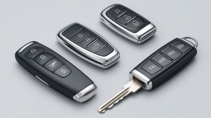 Four Car Key Fobs with Integrated Keys on Gray Background