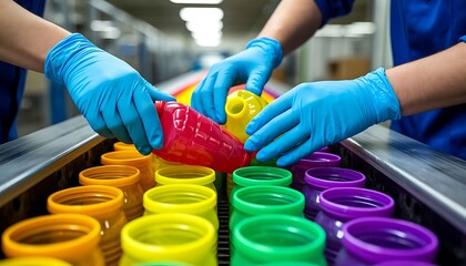Factory workers wearing gloves inspecting colorful plastic bottles on production line in bottling factory