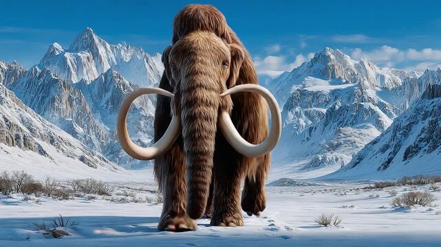 Majestic Mammoth in Snowy Landscape: A colossal woolly mammoth stands proud in a vast, snowy expanse, framed by the towering peaks of a majestic mountain range, an amazing scene. 