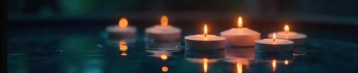 Serene floating candles in a dark, still pool of water, reflecting soft light and creating a magical ambiance Ideal for spa, relaxation, meditation, and spiritual themes , calm, peace