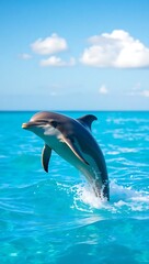 Obraz premium A dolphin leaping out of the turquoise ocean water under a bright blue sky with fluffy white clouds wallpaper