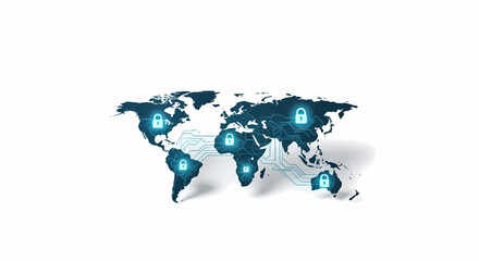 Fototapeta premium A world map with glowing padlocks illustrating the importance of global cybersecurity awareness and internet data protection