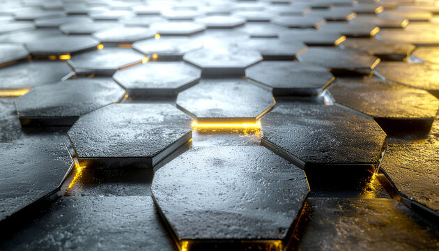 Futuristic glowing hexagon tiles background, neon cyberpunk metallic surface, abstract sci fi digital pattern, modern hi tech architecture texture, geometric neon floor design