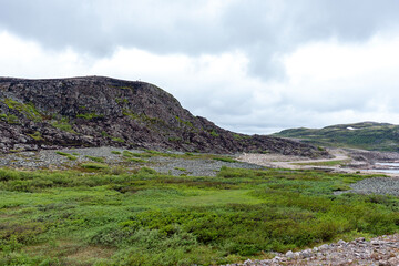 Lush greenery extends across the terrain, accompanied by scattered rocks and a gentle river. The scene is quiet and tranquil, reflecting the peacefulness of nature under a cloudy sky.