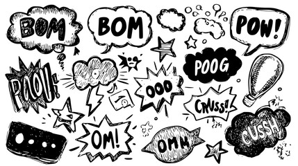 Fototapeta premium Comic-style sound effect illustrations with words like 'BOM', 'BOOM', 'POW', 'CRUSH'.