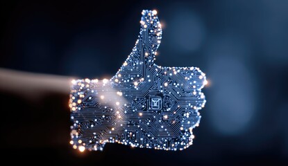Thumbs-up icon, digital circuit design, glowing, hand shape
