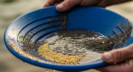 Fototapeta premium A Prospectors Rich Find Glittering Gold Dust Shines in a Blue Sluice Pan.