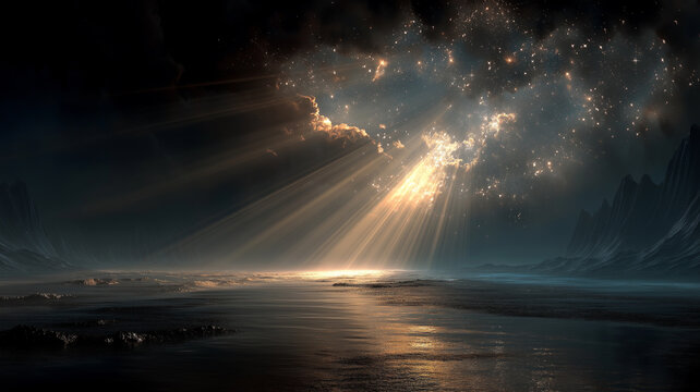 スピリチュアルなイラスト素材　神秘の光に導かれる人物の姿と幻想的な雲海　深遠な瞑想と宇宙のエネルギーを感じさせる神秘的なスピリチュアルアート　瞑想や癒しの背景に最適