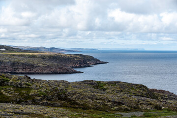 A panoramic view captures the expansive ocean meeting the rocky coastline. Lush greenery interspersed with stones adorns the foreground, while clouds hover above a clear blue sky.
