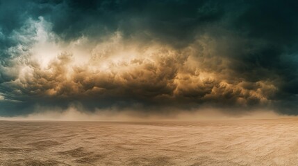 Obraz premium Dramatic storm clouds loom over a sandy landscape with a hazy atmosphere.