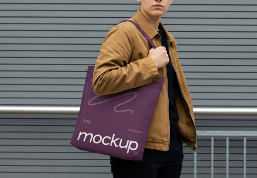 Man Wearing Tote Bag Mockup with Generative AI
