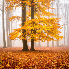 Autumn forest scene with golden leaves
