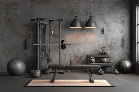 Home gym setup featuring weightlifting equipment, exercise mats, and functional training tools in a visually appealing environment