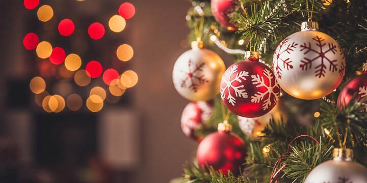 Closeup of christmas tree ornaments with snowflake patterns and red baubles, illuminated by warm bokeh lights