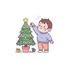 Obraz premium A cheerful child decorates a Christmas tree, creating a festive atmosphere with ornaments and gifts nearby.