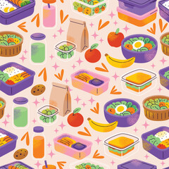 Lunch boxes meal prep seamless pattern with rice, vegetables, eggs, fruits, sandwiches, salads, juice, paper bag, and reusable containers. Flat vector illustration. Healthy eating preparation concept