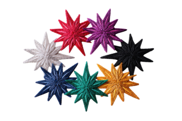 Eight Colorful Glitter Stars Arranged in a Circle on Black Background