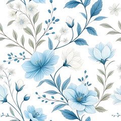 Fototapeta premium Seamless Repeating Pattern of Pressed Blue and White Flowers on Black Background Delicate Floral Design with Line Art Style isolated on a transparent background