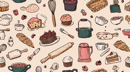 Seamless pattern of hand-drawn baking items including cakes, bread, rolling pins, and kitchen utensils on a beige background doodle style