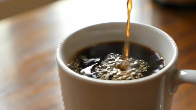 Pouring dark, aromatic coffee into a white ceramic mug