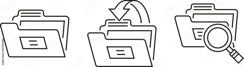 Poster folder icons representing file management transfer and search with magnifying glass