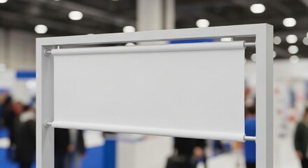 Blank White Roller Banner Display Stand at Trade Show Exhibition.