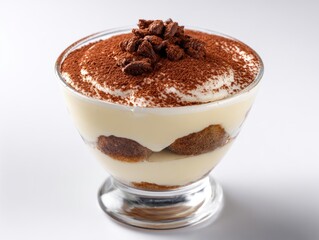 Creamy layered dessert in a glass with chocolate topping and crumbled cookies, served in a clear glass bowl for a rich and induent sweet treat