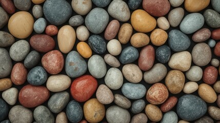 A close up shot showcasing a variety of colorful smooth stones filling the frame fully