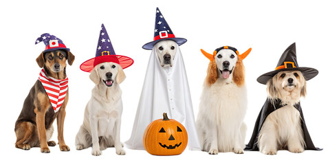 A group of five dogs in halloween costumes with a pumpkin on a white background in a studio shot