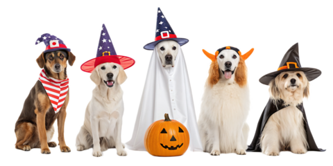 A group of five dogs in halloween costumes with a pumpkin on a white background in a studio shot