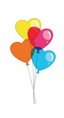 Bright colorful heart shaped balloons floating upwards with dotted strings representing joy and celebration