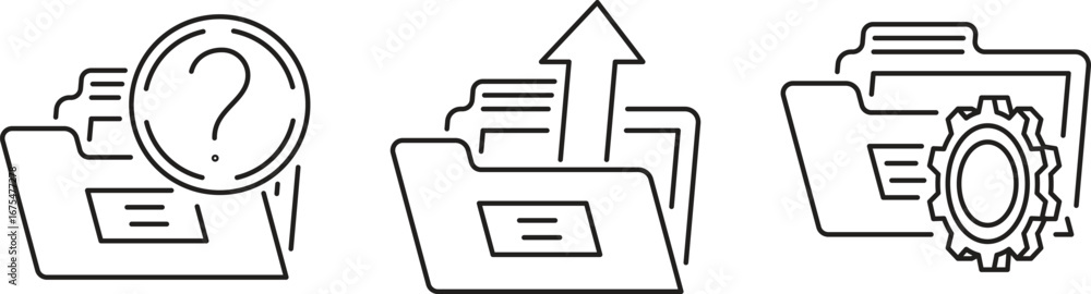 Poster folder icons representing questions uploading and settings in a simple line art style