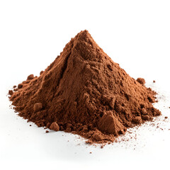 Raw cacao powder heap isolated on white background, featuring rich brown color, fine texture,