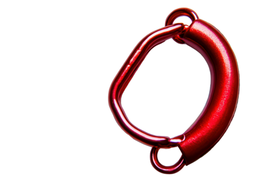 Red carabiner resting on a transparent background, showcasing its vibrant color and sturdy design for climbing and outdoor activities