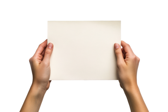 Hands holding blank paper in a well-lit setting, showcasing neutral colors and minimalism for creative use or expression during an artistic moment