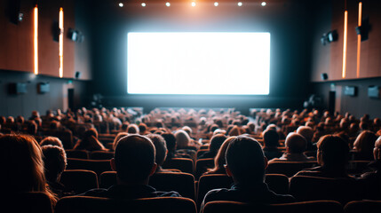 Obraz premium Viewers people are enjoying interesting movie on big empty screen copyspace in dark cinema looking with attention. Template, entertainment and films concept.