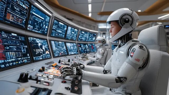 Future Control Room: A humanoid robot diligently navigates complex controls within a futuristic control room, surrounded by an array of advanced screens displaying intricate data visualizations.