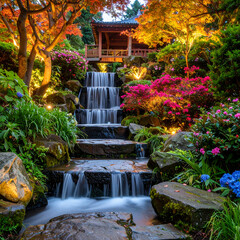 Autumn garden waterfall at dusk