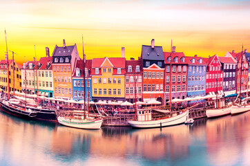 magical fascinating landscape with boats in a famous Nyhavn in the capital of Denmark Copenhagen....