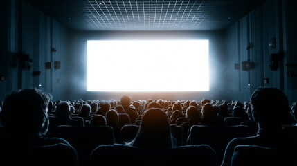 Viewers people are enjoying interesting movie on big empty screen copyspace in dark cinema looking with attention. Template, entertainment and films concept.
