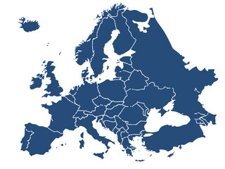 Detailed Blue Europe Map with Country Borders on White Background Illustration © Pixel Verses