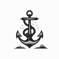 Dramatic nautical black anchor intertwined with rope detailed stylish vector silhouette