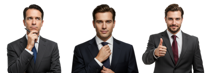 Three businessmen showcase different professional moods and actions for success