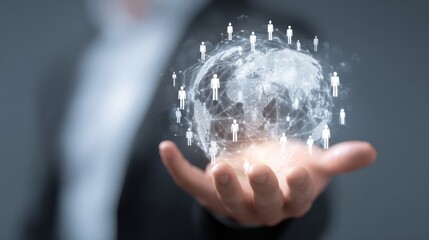 A businessperson holding a glowing globe, with interconnected human figures, symbolizing global connection and business. The image conveys a sense of innovation, networking and digital transformation.