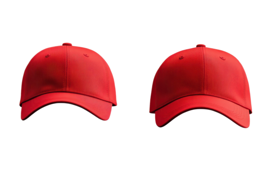 Red caps displayed together showcasing three distinct styles and designs available for purchase in a retail space during a sunny afternoon